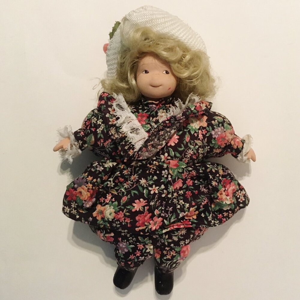Vintage Doll Collectible Porcelain Blond Hair Floral Dress White Hat Black Boots